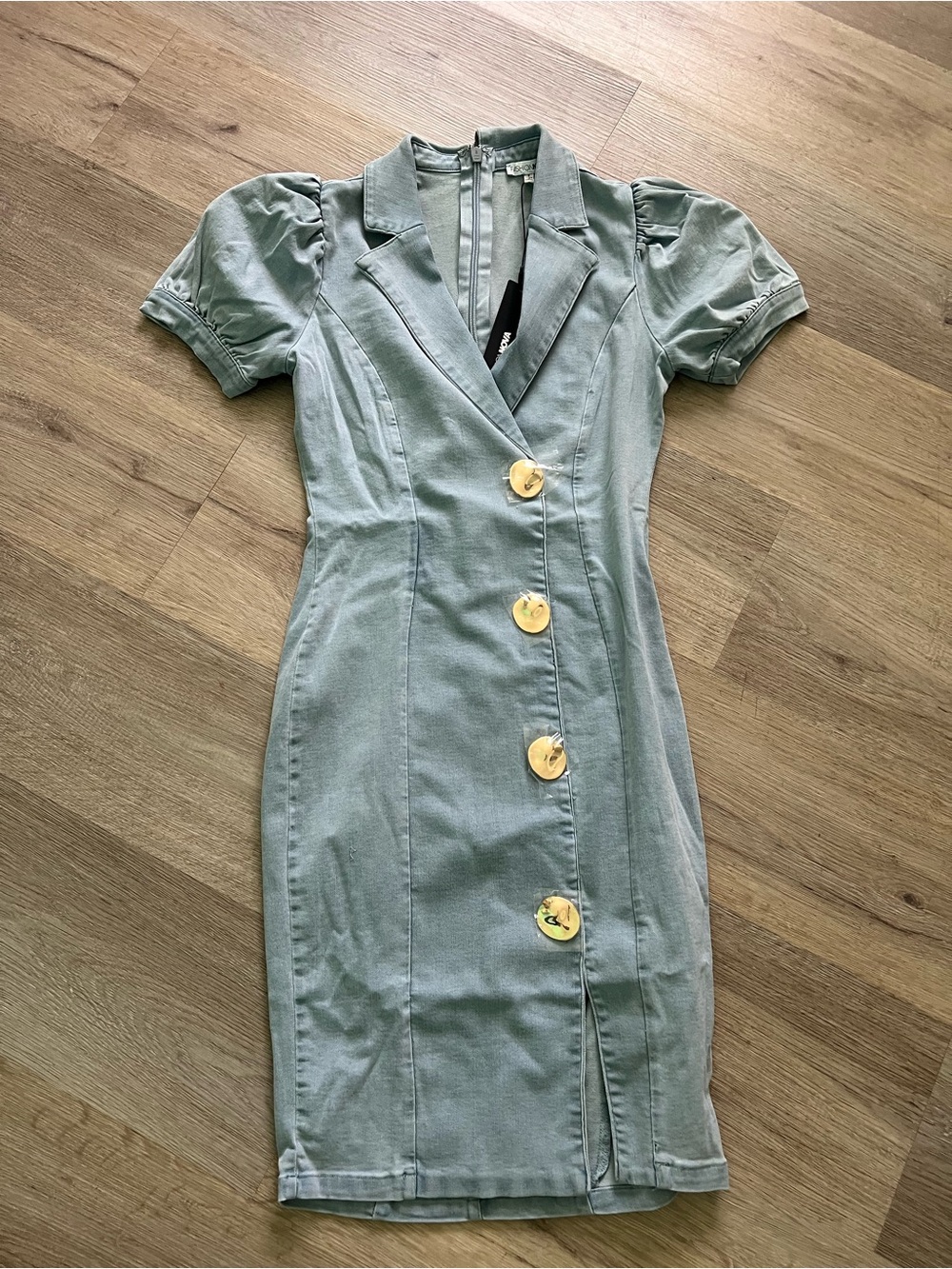 Fashion Nova Sage denim Puff-Sleeve Button Midi Dress